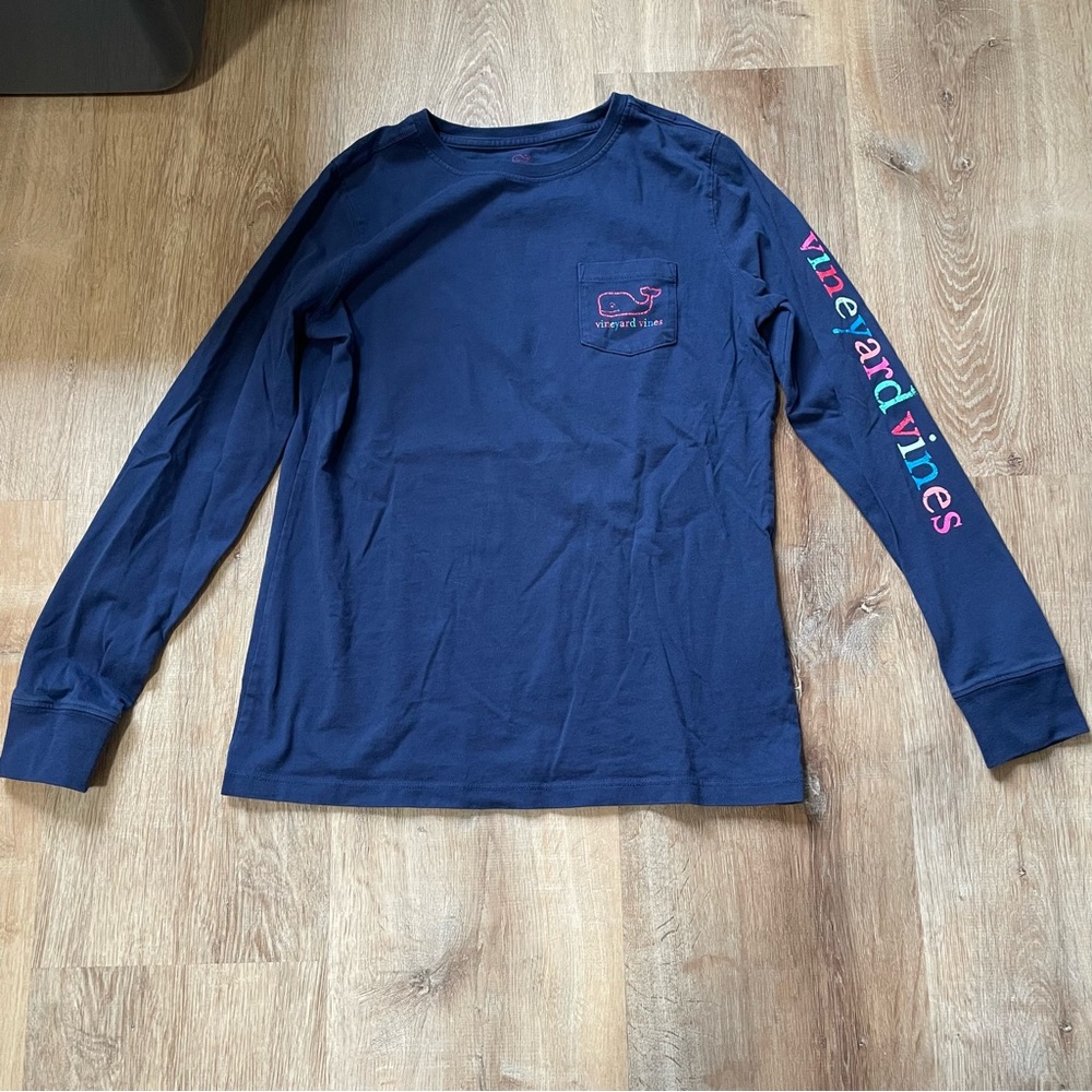 Lightly used Vineyard Vines Navy Long Sleeve Pocket Tee with Logo Sleeve